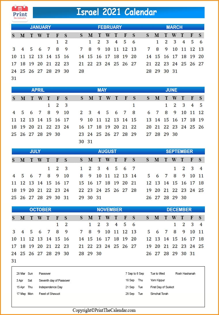 Israel Calendar 2021 with Israel Public Holidays